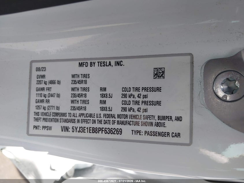 2023 Tesla Model 3 VIN 5YJ3E1EB8PF636269 IAAI salvage auction — REAR END, Wait Title, sold $7,050 on 2026-07-31 (photo 9)