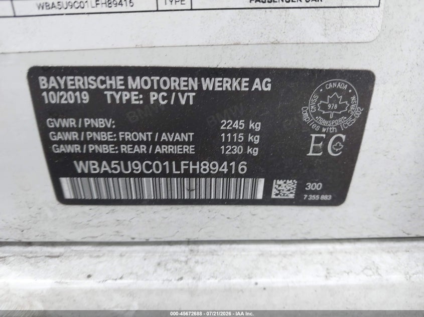 2020 BMW 3er VIN WBA5U9C01LFH89416 IAAI salvage auction — SIDE, Wait Title, sold $16,800 on 2026-08-21 (photo 9)