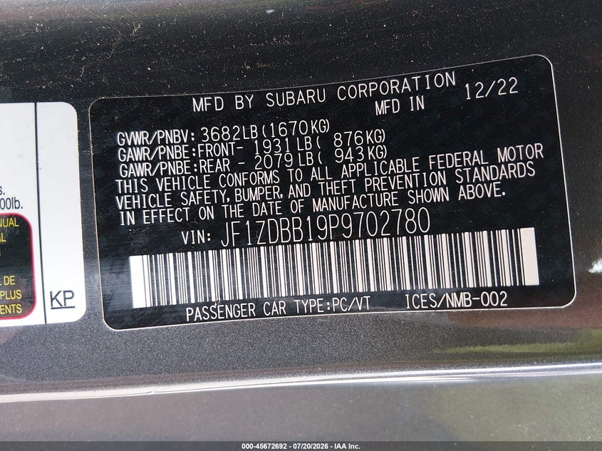 2023 Subaru Brz VIN JF1ZDBB19P9702780 IAAI salvage auction — SIDE, Salvage Title, sold $8,100 on 2026-08-27 (photo 9)