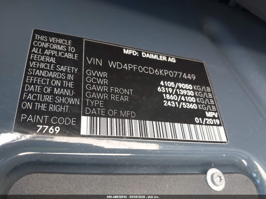 2019 Mercedes-benz Sprinter VIN WD4PF0CD6KP077449 IAAI salvage auction — LEFT & RIGHT, Clear (New Jersey), sold $3,650 on 2026-07-29 (photo 9)