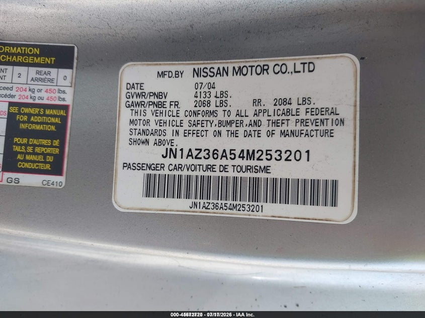 2004 Nissan 350z VIN JN1AZ36A54M253201 IAAI salvage auction — MECHANICAL, Clear (Florida), sold $175 on 2026-07-29 (photo 9)