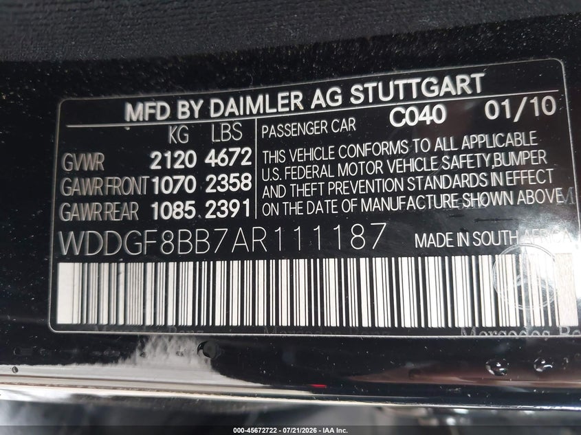 2010 Mercedes-benz C class VIN WDDGF8BB7AR111187 IAAI salvage auction — NORMAL WEAR, Clear (Pennsylvania), sold $825 on 2026-07-28 (photo 9)