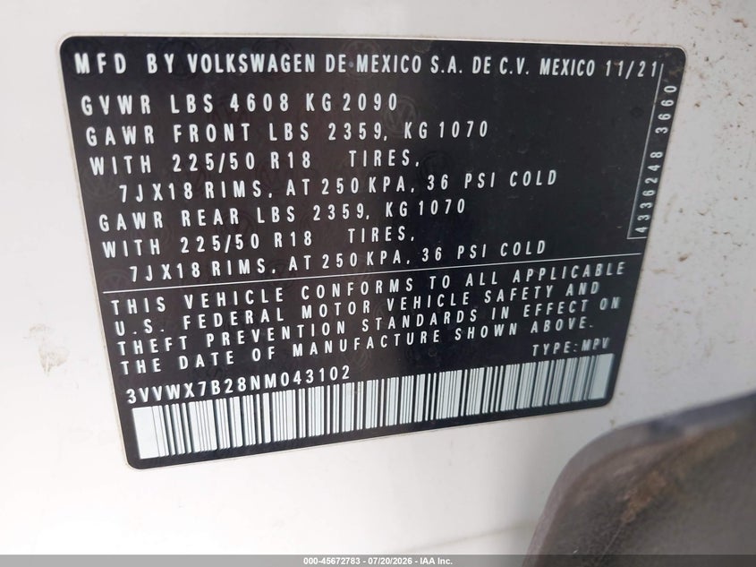2022 Volkswagen Taos VIN 3VVWX7B28NM043102 IAAI salvage auction — THEFT, Clear (Oregon), sold $7,900 on 2026-08-02 (photo 9)