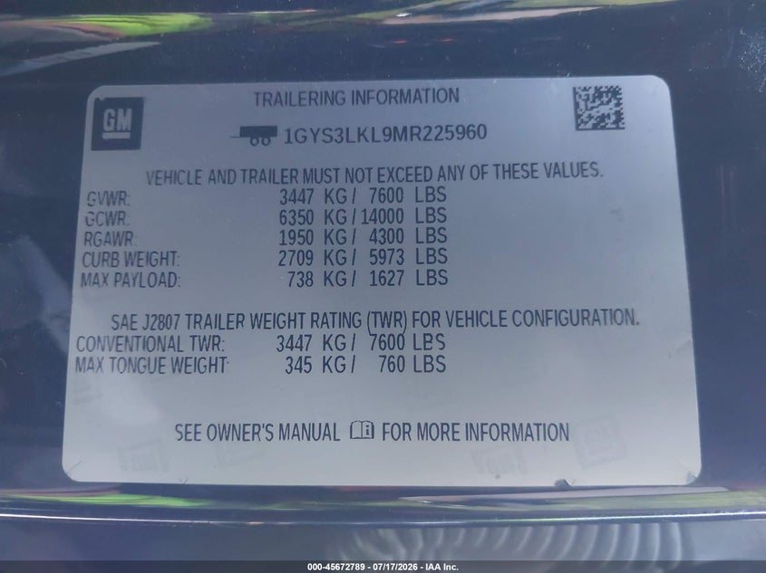 2021 Cadillac Escalade VIN 1GYS3LKL9MR225960 IAAI salvage auction — REPOSSESSION, Salvage Title, sold $11,100 on 2026-07-29 (photo 9)