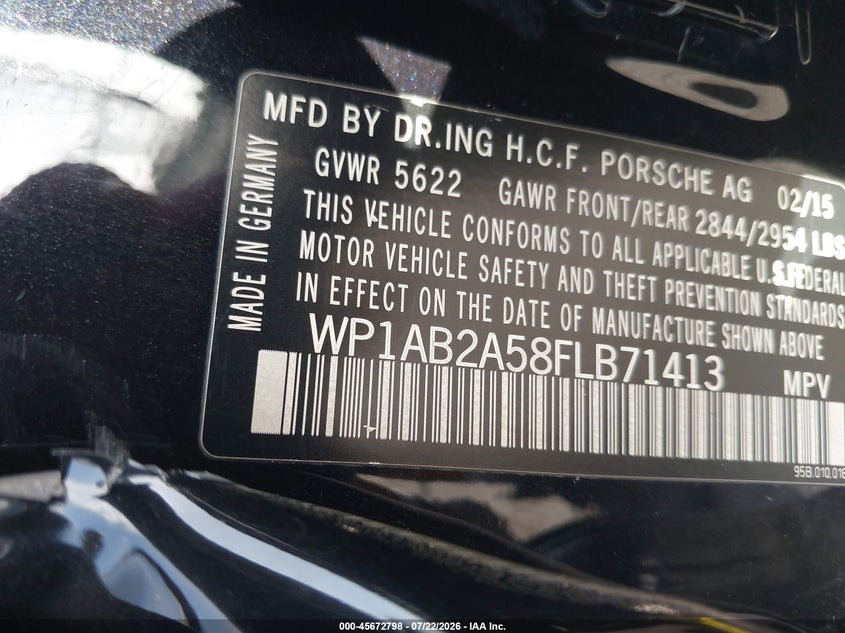 2015 Porsche Macan VIN WP1AB2A58FLB71413 IAAI salvage auction — LEFT SIDE, Salvage Title, sold $6,600 on 2026-08-23 (photo 9)