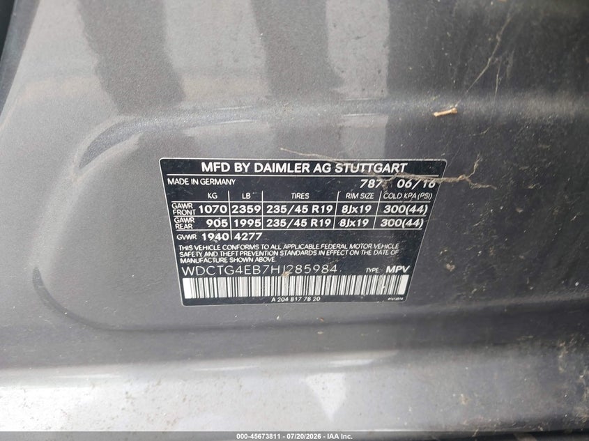 2017 Mercedes-benz Gla-klasse VIN WDCTG4EB7HJ285984 IAAI salvage auction — NORMAL WEAR, Clear - Dealer Only (California), sold $1,550 on 2026-07-29 (photo 9)