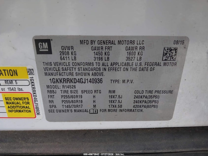 2016 Gmc Acadia VIN 1GKKRRKD4GJ140936 IAAI salvage auction — REAR END, Salvage Title, sold $1,000 on 2026-09-08 (photo 9)