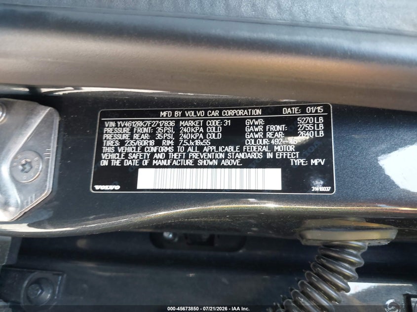 2015 Volvo Xc60 VIN YV4612RK7F2717836 IAAI salvage auction — FRONT END, Bill Of Sale (Washington), sold $1,050 on 2026-08-07 (photo 9)