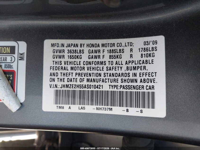 2010 Honda Insight VIN JHMZE2H55AS010421 IAAI salvage auction — NORMAL WEAR, Clear - Dealer Only (California), sold $25 on 2026-07-30 (photo 9)