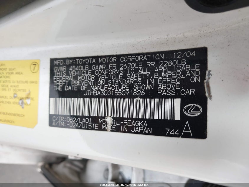 2005 Lexus Es 330 VIN JTHBA30G155091826 IAAI salvage auction — NORMAL WEAR, Clear (Virginia), sold $525 on 2026-07-31 (photo 9)
