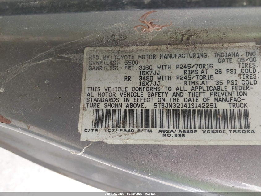 2001 Toyota Tundra VIN 5TBJN32141S142291 IAAI salvage auction — NORMAL WEAR, Clear - Dealer Only (California), sold $1,150 on 2026-07-30 (photo 9)