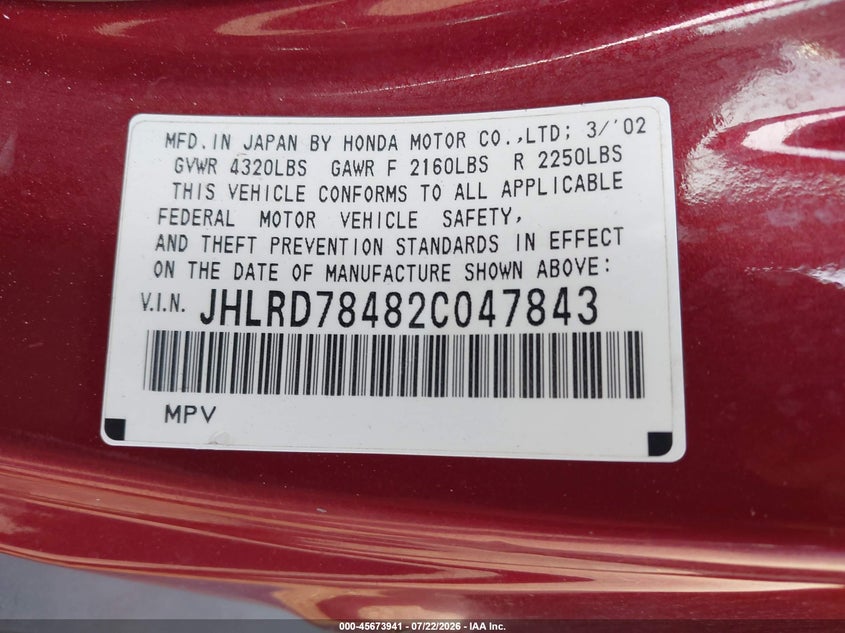2002 Honda Cr-v VIN JHLRD78482C047843 IAAI salvage auction — NORMAL WEAR, Clear (Florida), sold $250 on 2026-07-28 (photo 9)