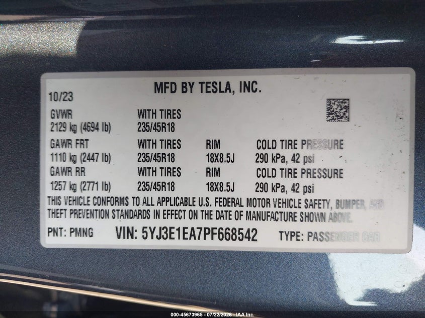 2023 Tesla Model 3 VIN 5YJ3E1EA7PF668542 IAAI salvage auction — FRONT & REAR, Wait Title, sold $6,600 on 2026-08-01 (photo 9)