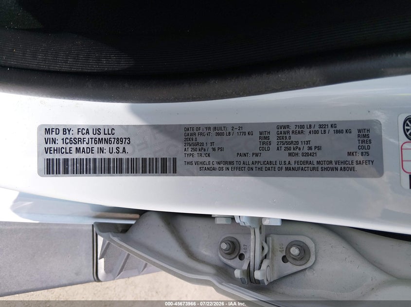 2021 Ram 1500 VIN 1C6SRFJT6MN678973 IAAI salvage auction — FRONT END, Salvage (Missouri), sold $14,500 on 2026-08-15 (photo 9)