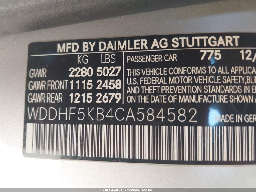 2012 Mercedes-benz E-klasse VIN WDDHF5KB4CA584582 IAAI salvage auction — UNKNOWN, Wait Title, sold $675 on 2026-08-18 (photo 9)