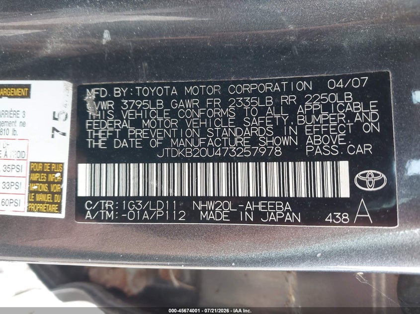 2007 Toyota Prius VIN JTDKB20U473257978 IAAI salvage auction — NORMAL WEAR, Clear (New York), sold $50 on 2026-07-28 (photo 9)