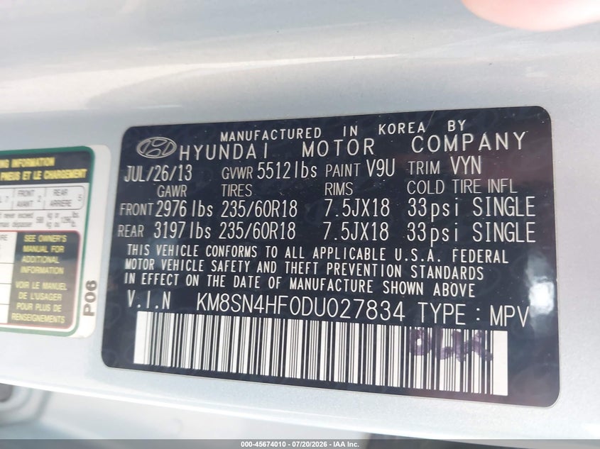 2013 Hyundai Santa fe VIN KM8SN4HF0DU027834 IAAI salvage auction — UNKNOWN, Clear (Arizona), sold $750 on 2026-07-30 (photo 9)