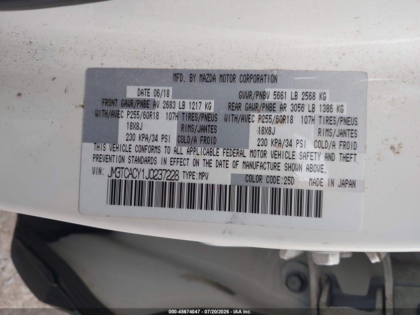 2018 Mazda Cx-9 VIN JM3TCACY1J0237228 IAAI salvage auction — RIGHT SIDE, Salvage Title, sold $5,625 on 2026-08-29 (photo 9)