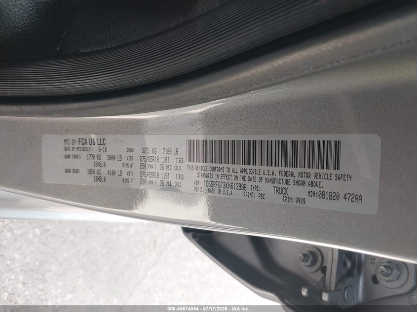 2019 Ram 1500 VIN 1C6SRFGT3KN613986 IAAI salvage auction — THEFT, Salvage Title, sold $7,000 on 2026-07-29 (photo 9)