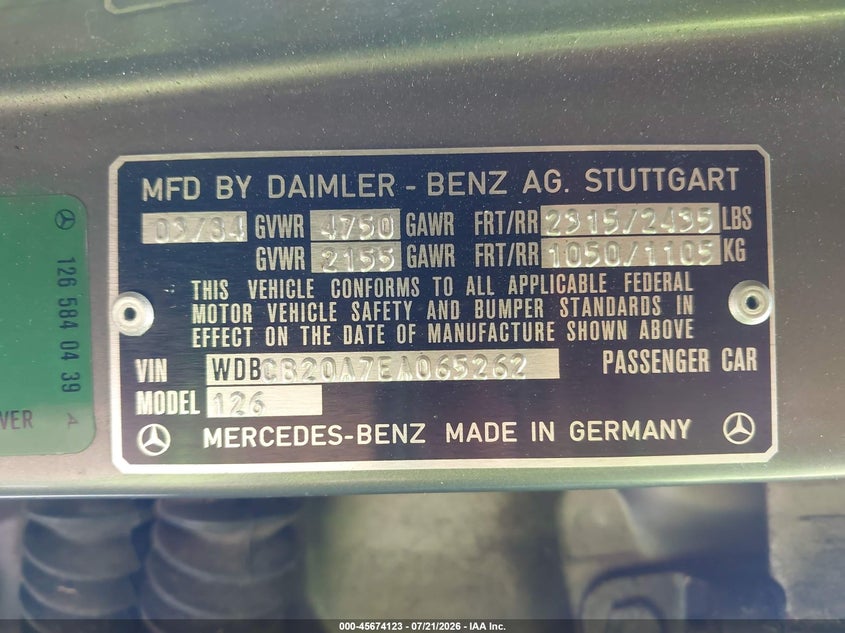 1984 Mercedes-benz 300 VIN WDBCB20A7EA065262 IAAI salvage auction — NORMAL WEAR, Clear-Dealer Only (North Carolina), sold $325 on 2026-07-28 (photo 9)
