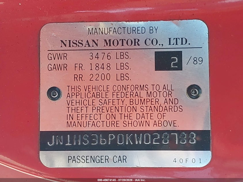 1989 Nissan 240sx VIN JN1HS36P0KW028788 IAAI salvage auction — NORMAL WEAR, Clear (Florida), sold $5,100 on 2026-07-23 (photo 9)