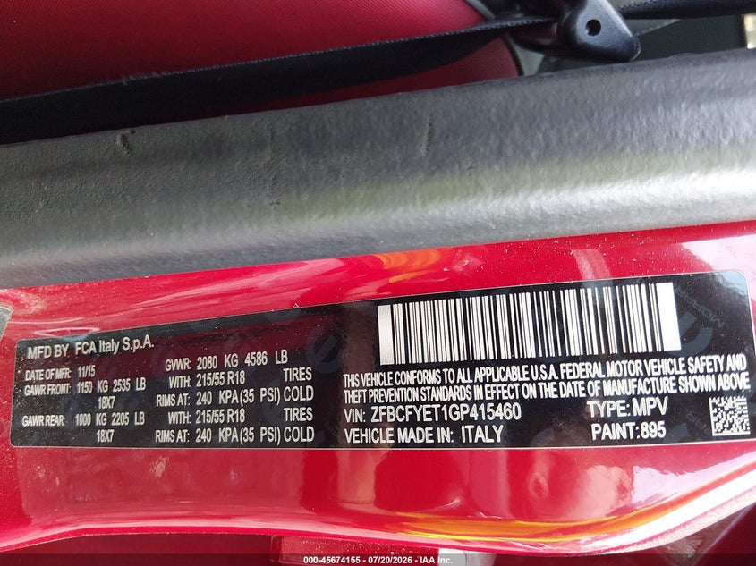 2016 Fiat 500x VIN ZFBCFYET1GP415460 IAAI salvage auction — FRONT END, Clear (Virginia), sold $200 on 2026-07-28 (photo 9)