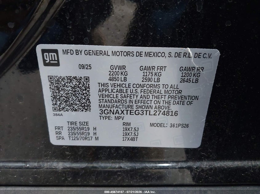 2026 Chevrolet Equinox VIN 3GNAXTEG3TL274816 IAAI salvage auction — HAIL, Certificate Of Title (Nebraska), sold $18,950 on 2026-08-27 (photo 9)