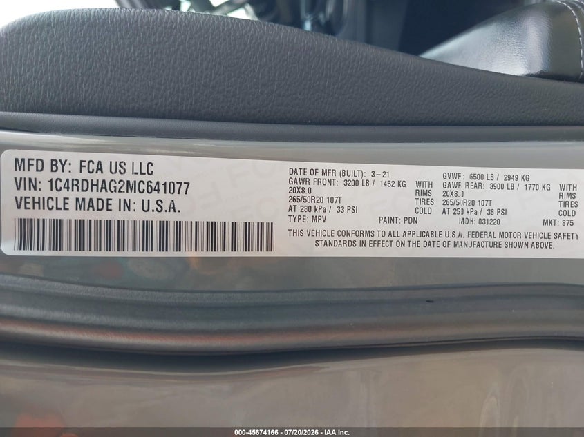 2021 Dodge Durango VIN 1C4RDHAG2MC641077 IAAI salvage auction — UNKNOWN, Salvage Title - Dealer (California), sold $7,625 on 2026-08-20 (photo 9)