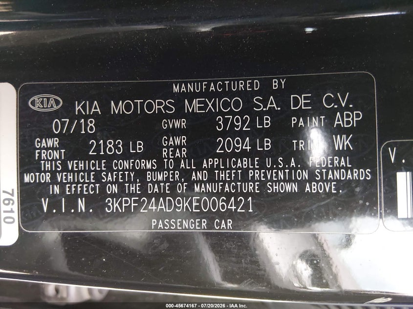 2019 Kia Forte VIN 3KPF24AD9KE006421 IAAI salvage auction — LEFT FRONT, Salvage (Arizona), sold $2,750 on 2026-08-03 (photo 9)