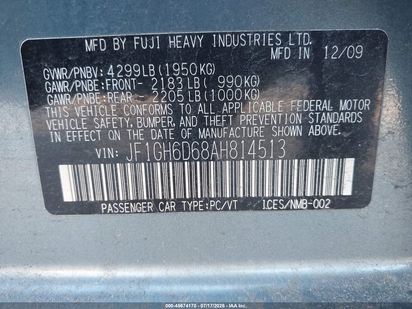 2010 Subaru Impreza VIN JF1GH6D68AH814513 IAAI salvage auction — NORMAL WEAR, Original (Maine), sold $25 on 2026-07-27 (photo 9)