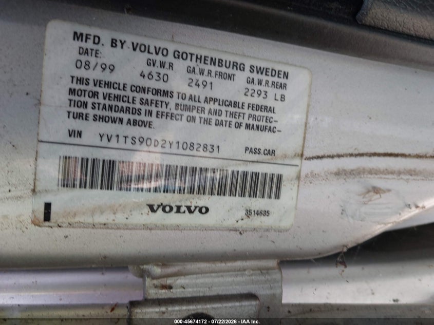 2000 Volvo S80 VIN YV1TS90D2Y1082831 IAAI salvage auction — NORMAL WEAR, Original (Maine), sold $25 on 2026-07-27 (photo 9)