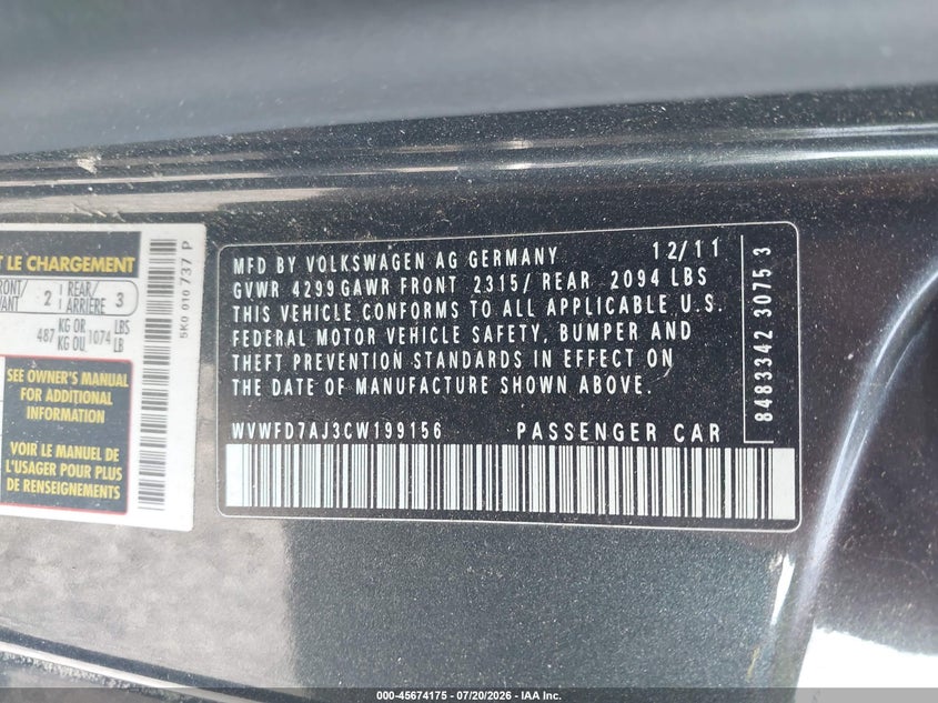 2012 Volkswagen Gti VIN WVWFD7AJ3CW199156 IAAI salvage auction — NORMAL WEAR, Clear (South Carolina), sold $25 on 2026-07-28 (photo 9)
