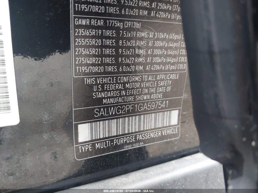 2016 Land rover Range rover sport VIN SALWG2PF1GA597541 IAAI salvage auction — NORMAL WEAR, Clear (Virginia), sold $1,750 on 2026-07-28 (photo 9)