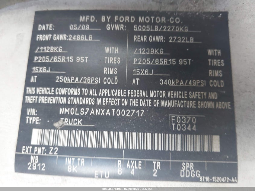 2010 Ford Transit connect VIN NM0LS7ANXAT002717 IAAI salvage auction — NORMAL WEAR, Clear (Florida), sold $325 on 2026-07-29 (photo 9)