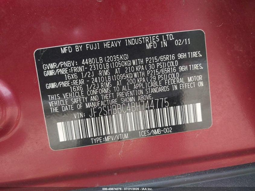 2011 Subaru Forester VIN JF2SHBBC4BH744775 IAAI salvage auction — NORMAL WEAR, Clear (Georgia), sold $250 on 2026-07-30 (photo 9)