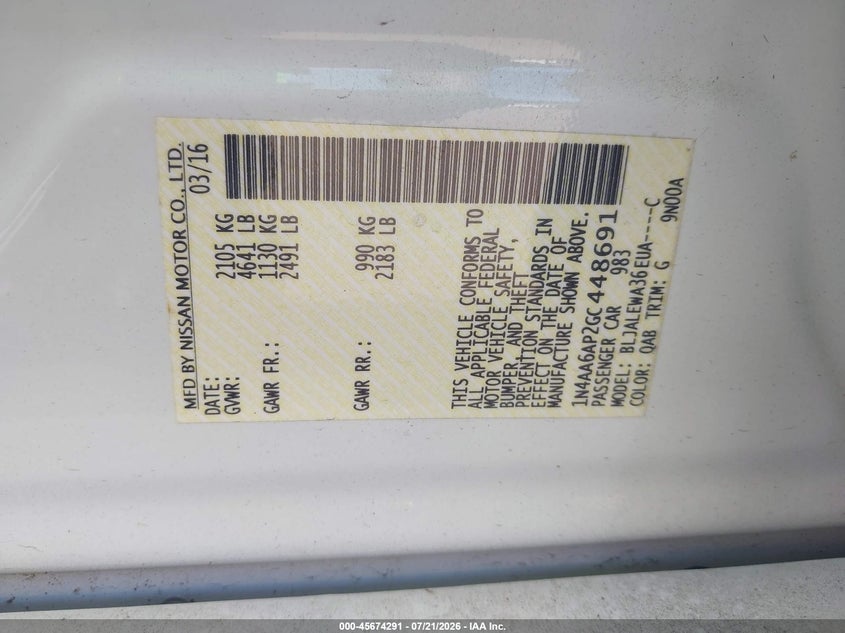 2016 Nissan Maxima VIN 1N4AA6AP2GC448691 IAAI salvage auction — RIGHT FRONT, Salvage (Alabama), sold $1,350 on 2026-08-22 (photo 9)
