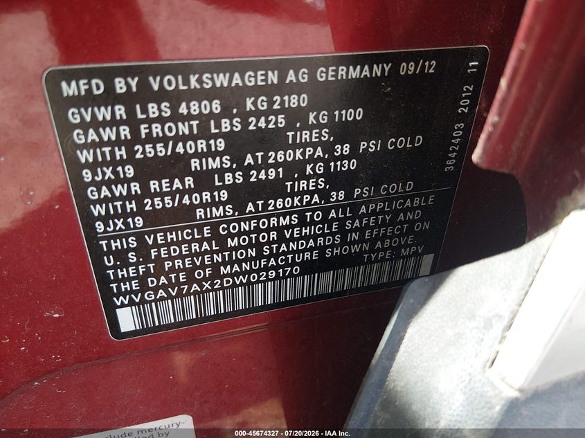 2013 Volkswagen Tiguan VIN WVGAV7AX2DW029170 IAAI salvage auction — FRONT END, Clear (Massachusetts), sold $675 on 2026-08-04 (photo 9)