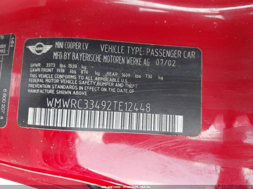 2002 Mini Cooper VIN WMWRC33492TE12448 IAAI salvage auction — NORMAL WEAR, Clear (New Jersey), sold $25 on 2026-08-13 (photo 9)