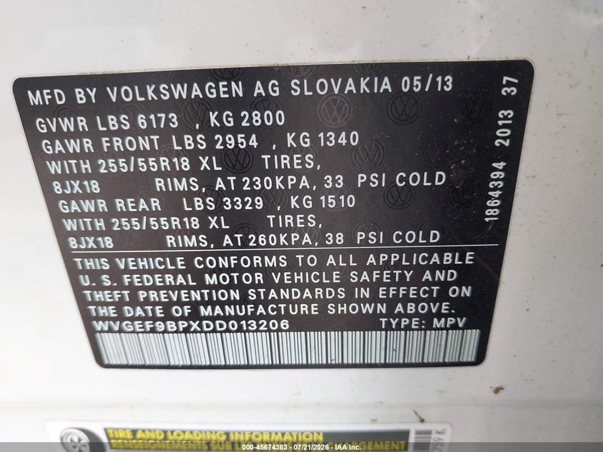 2013 Volkswagen Touareg VIN WVGEF9BPXDD013206 IAAI salvage auction — FRONT END, Wait Title, sold $225 on 2026-08-10 (photo 9)