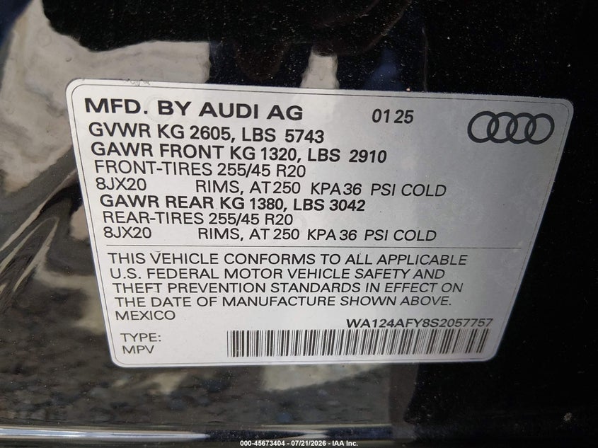 2025 Audi Sq5 sportback VIN WA124AFY8S2057757 IAAI salvage auction — REAR END, Wait Title, sold $17,600 on 2026-08-08 (photo 9)