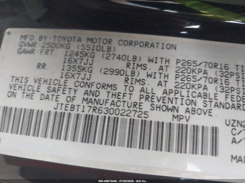 2003 Toyota 4runner VIN JTEBT17R630022725 IAAI salvage auction — NORMAL WEAR, Clear-Dealer Only (Arizona), sold $300 on 2026-07-28 (photo 9)