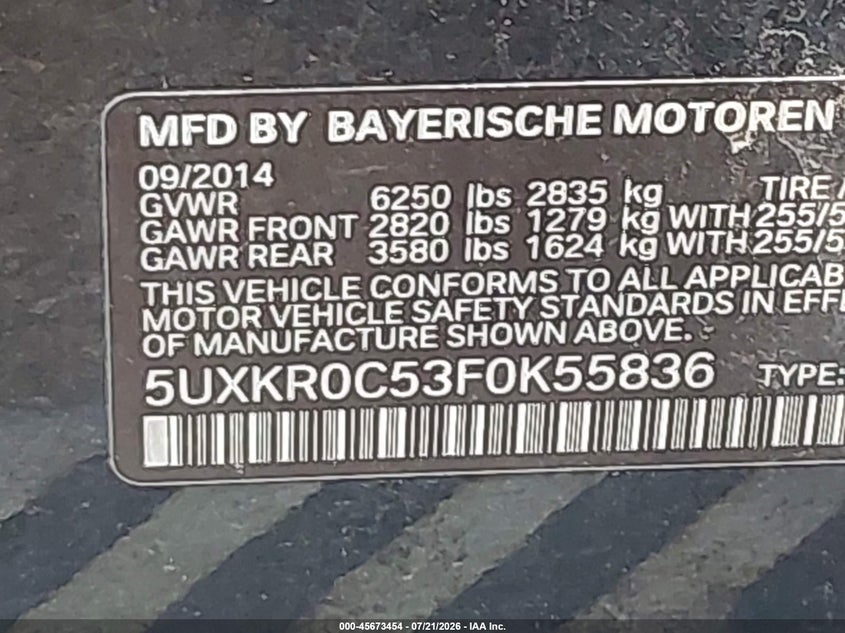 2015 BMW X5 VIN 5UXKR0C53F0K55836 IAAI salvage auction — NORMAL WEAR, Regular Certificate (Iowa), sold $500 on 2026-07-29 (photo 9)