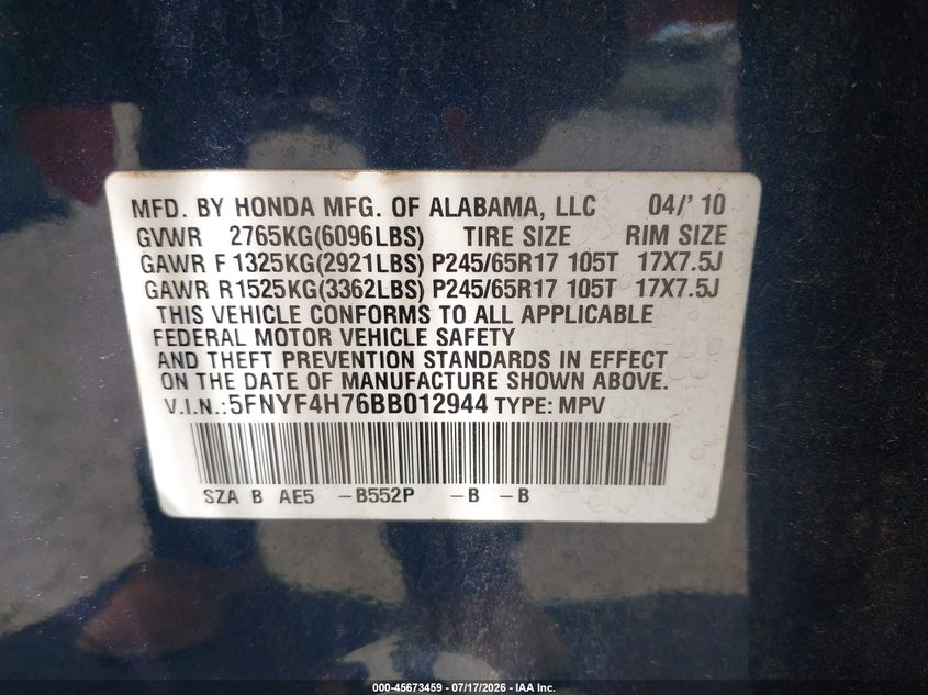 2011 Honda Pilot VIN 5FNYF4H76BB012944 IAAI salvage auction — NORMAL WEAR, Clear-Dealer Only (Oregon), sold $25 on 2026-07-25 (photo 9)