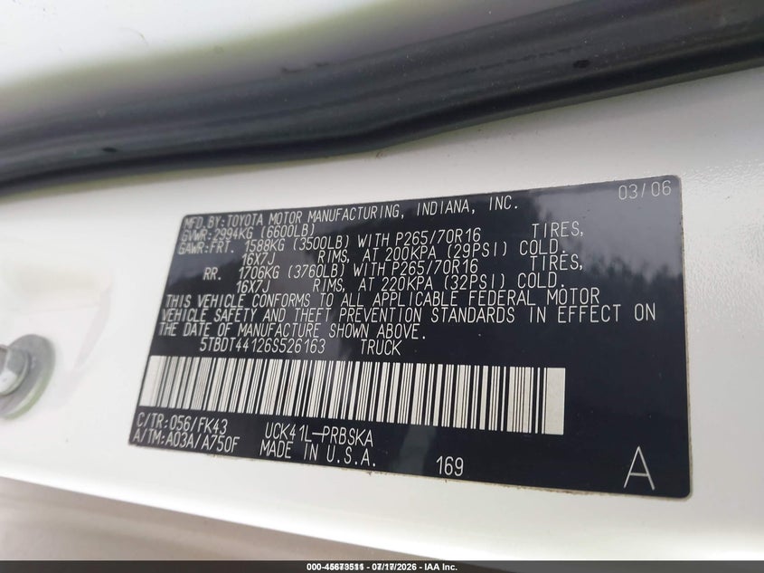 2006 Toyota Tundra VIN 5TBDT44126S526163 IAAI salvage auction — FRONT END, Clear (Montana), sold $775 on 2026-07-29 (photo 9)