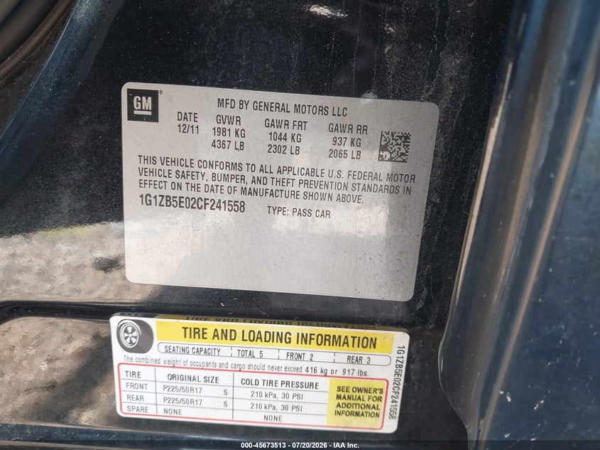 2012 Chevrolet Malibu VIN 1G1ZB5E02CF241558 IAAI salvage auction — RIGHT FRONT, Salvage (Delaware), sold $225 on 2026-08-21 (photo 9)