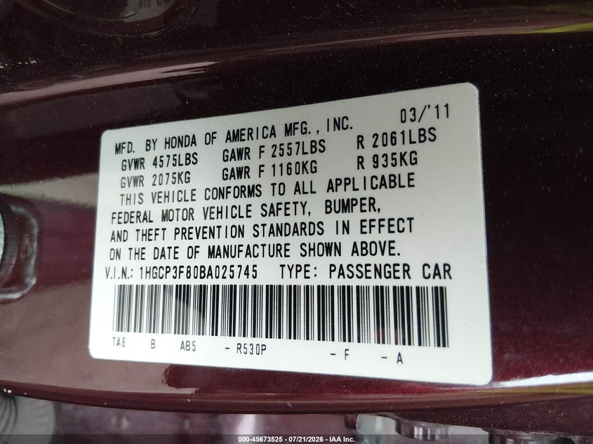 2011 Honda Accord VIN 1HGCP3F80BA025745 IAAI salvage auction — REAR END, Clear (Massachusetts), sold $1,300 on 2026-07-24 (photo 9)
