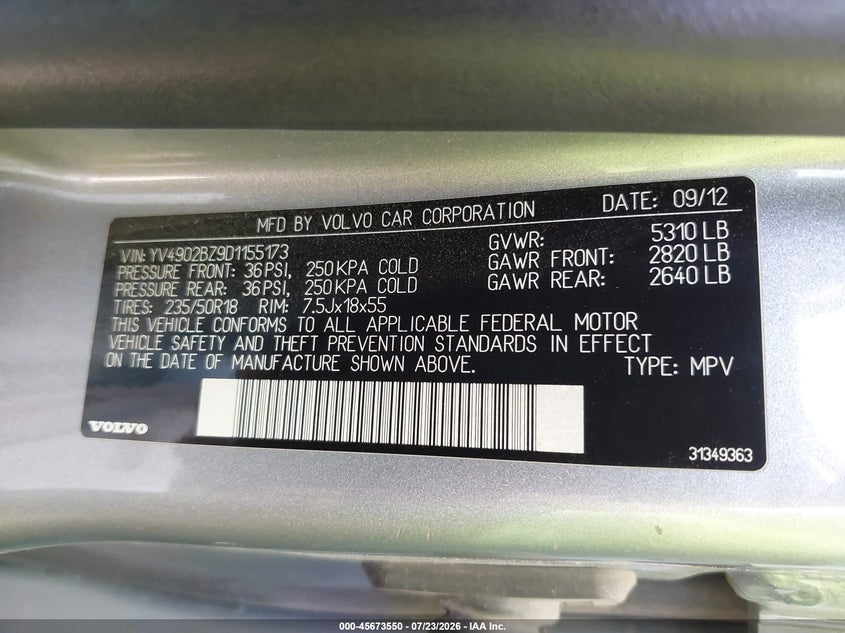 2013 Volvo Xc70 VIN YV4902BZ9D1155173 IAAI salvage auction — NORMAL WEAR, Clear (Montana), sold $25 on 2026-07-29 (photo 9)