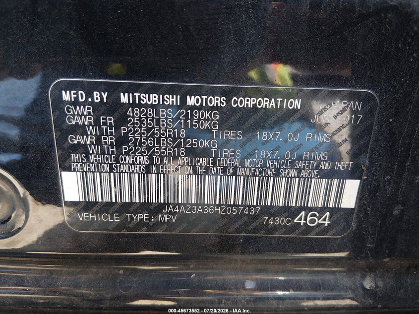 2017 Mitsubishi Outlander VIN JA4AZ3A36HZ057437 IAAI salvage auction — SIDE, Salvage Title, sold $2,200 on 2026-09-11 (photo 9)