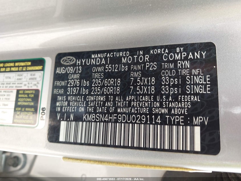 2013 Hyundai Santa fe VIN KM8SN4HF9DU029114 IAAI salvage auction — NORMAL WEAR, Clear (Virginia), sold $2,125 on 2026-08-01 (photo 9)