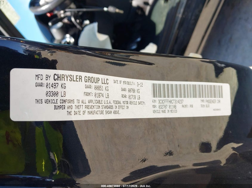 2012 Fiat 500 VIN 3C3CFFFH0CT314237 IAAI salvage auction — NORMAL WEAR, Salvage Title, sold $25 on 2026-07-30 (photo 9)